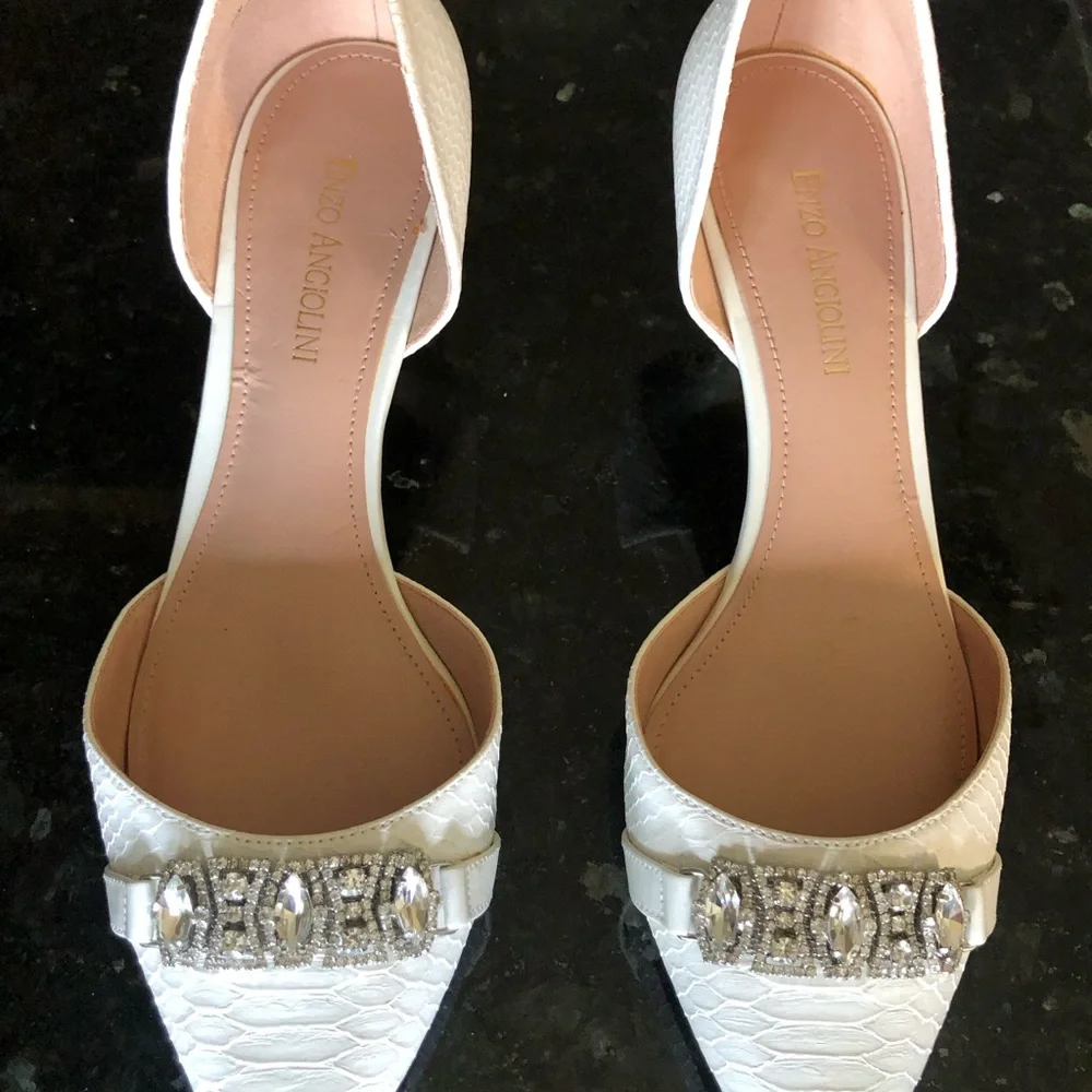 Enzo Angiolini White Pointed D'Orsay Heels with Crystal Buckle.  Eagabella.